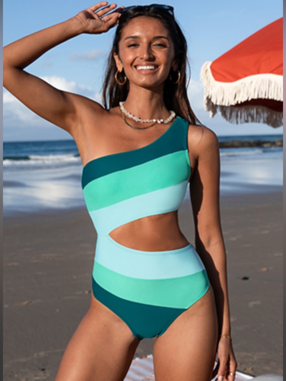 NEW Cupshe One-Shoulder Colorblock Cutout Swimsuit in Teal and Aqua